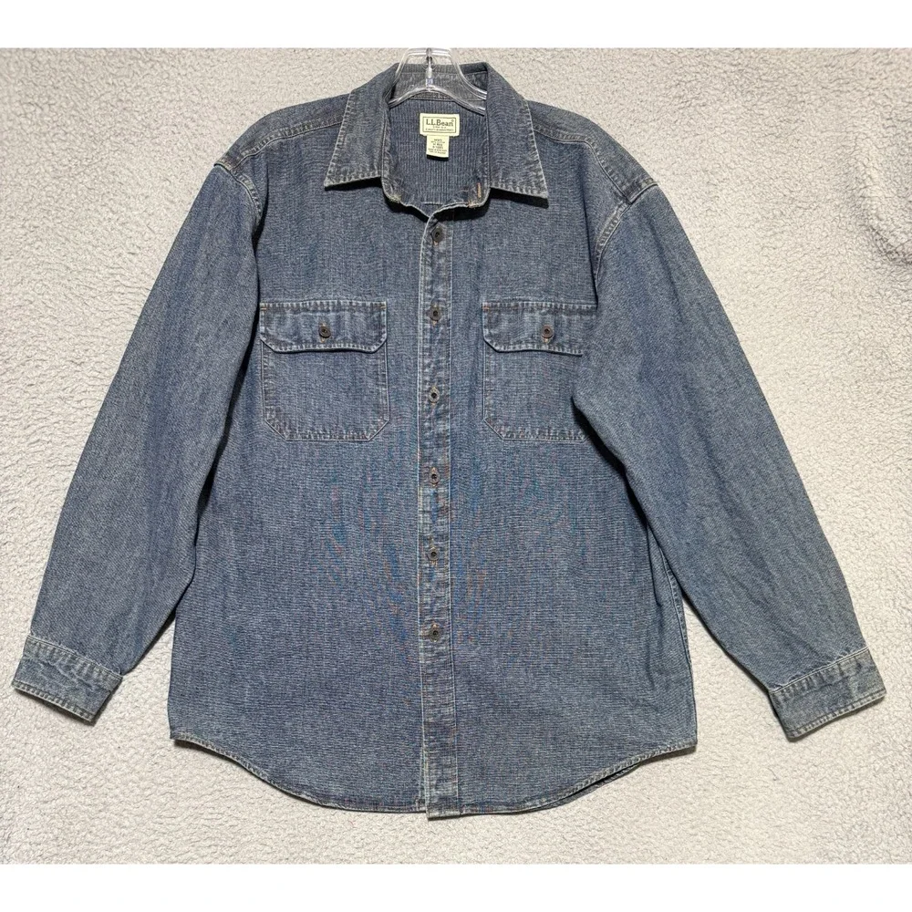 Vintage LL Bean Denim Button Up Shirt Metal Buttons Mens Medium Reg 0 YQ85